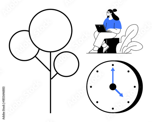 Time management concept. Time plays a key role in productivity and work-life balance. Time illustrated with clock and remote work situation. Ideal for corporate, education, scheduling, work-life
