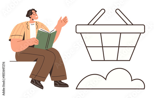 Man engrossed in reading book seated calmly alongside a minimal shopping basket and cloud. Ideal for education, leisure, shopping, learning, creativity, mindfulness, lifestyle. Simple flat metaphor