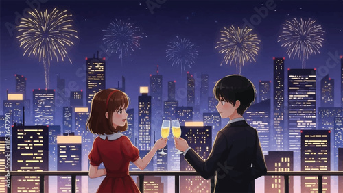 Couple toasting with champagne. Romantic New Year's Eve scene. Vector illustration of man and woman on balcony overlooking city skyline with fireworks. Nighttime celebration. Happy couple.