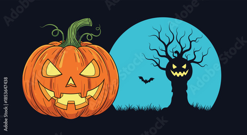 Spooky Halloween scene with a glowing jack-o'-lantern, a scary haunted tree with a face, and a bat flying in front of a full blue moon.