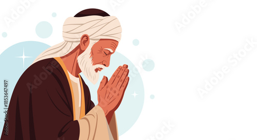 Profile view of a wise, elderly Muslim man with a white beard and turban, closing his eyes and praying with his hands together.