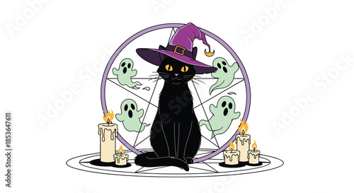 Magical black cat wearing a purple witch hat, sitting inside a pentagram surrounded by cute floating ghosts and lit candles.