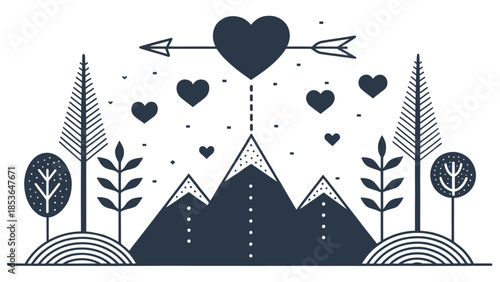 Stunning mountain landscape with heart pierced by arrow and trees