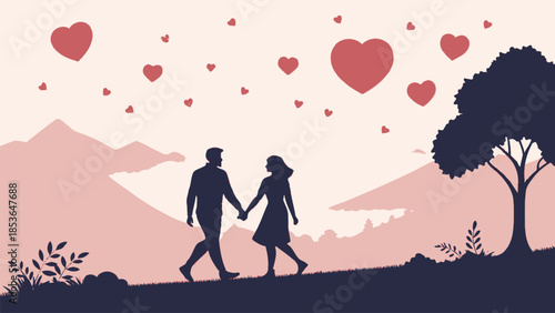 Couple walking hand in hand with hearts in romantic landscape