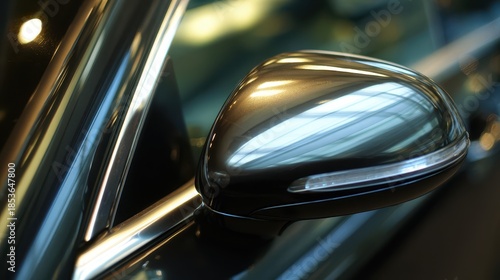 Close-up of a sleek car side mirror with reflections and modern design elements.
