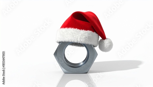 A macro studio shot of a polished steel hexagonal nut wearing a miniature red and white Santa hat, isolated on a clean white reflective surface, blending industrial hardware with festive humor.