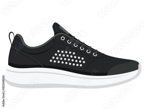 Modern black athletic shoe with contrasting white sole and breathable side perforations