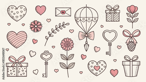 Charming Valentine's Day illustrations with hearts and gifts