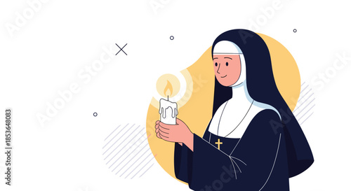 Smiling Christian nun in a traditional habit, holding a lit candle that casts a warm and hopeful glow on her face.