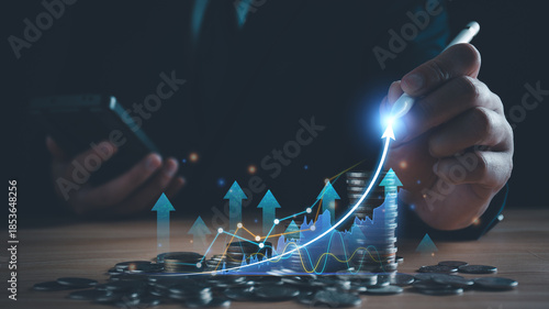 Business, finance and investment concept. Business man analyzing and calculating tax, financial data with economic graph growth chart, strategy and budget planning, digital banking and market. banner.