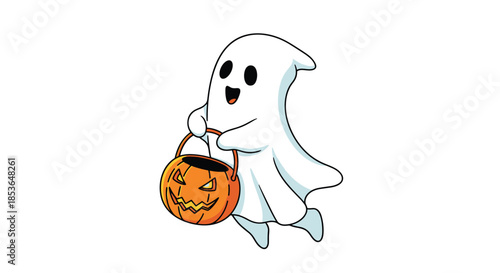 Cute and friendly cartoon ghost floating happily while carrying a carved pumpkin jack-o'-lantern bucket for trick-or-treating.