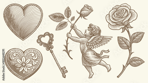 Vintage cherub holding rose with heart and key designs