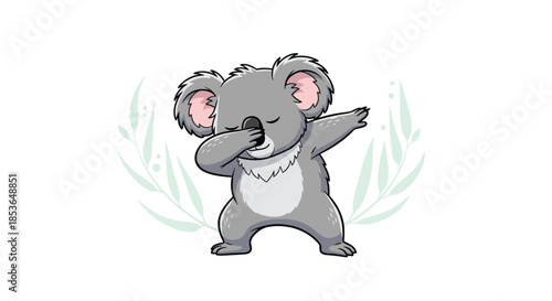 Funny cartoon koala bear character with a cool attitude doing the popular dab dance move against a leafy background.
