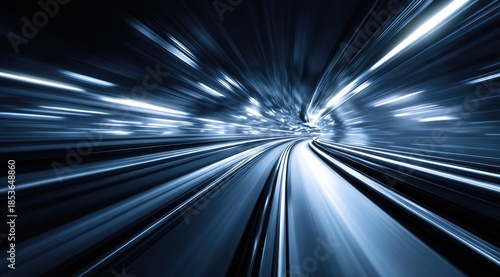 Blurred motion through a dark tunnel with glowing light streaks