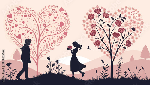 Romantic couple in love walking in beautiful heart shaped garden