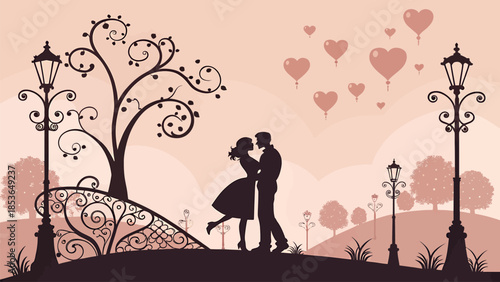 Romantic couple kissing under heart balloons in park