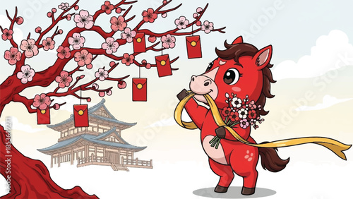 Chinese New Year horse illustration. Red horse with traditional dress. Blossoming tree with lanterns. Asian temple background. Vector design for holiday greeting card. Festive scene with