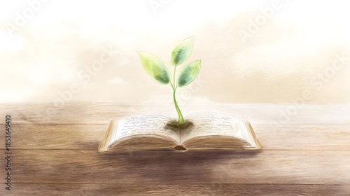 A sapling grows from a book symbolizing knowledge growth and eco education bathed in warm sunlight