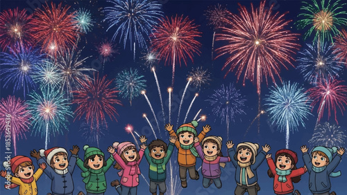 Happy New Year celebration. Children in winter clothes. Fireworks at night sky. Vector illustration of kids. New Year's Eve party. Kids wearing coats and hats. Colorful explosion. Nighttime