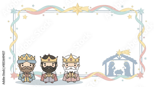 Christmas nativity scene border. Cartoon three wise men. Crib with donkey and cow. Colorful star and ribbon frame. Vector illustration for holiday greeting card. White background.