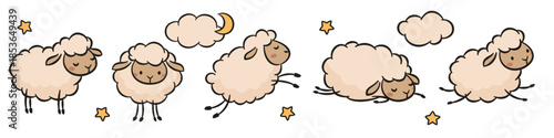 A set of vector line illustrations on a white background. Cute sheep and lambs in different poses, jumping, running, and sleeping. Clouds, moon, and stars. . Vector illustration