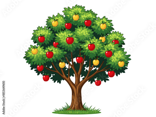 Illustration of a healthy, ripe apple tree in full bloom, laden with vibrant red and yellow apples, set against a simple background, symbolizing harvest and nature's bounty