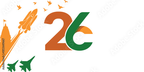 India Republic Day design with “26” in flag colors, rocket, jets, temple, birds, vector illustration for national pride
