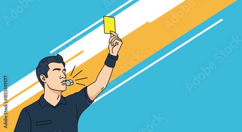Football referee blowing a whistle and showing a yellow card as a warning during a soccer match, on a blue background.