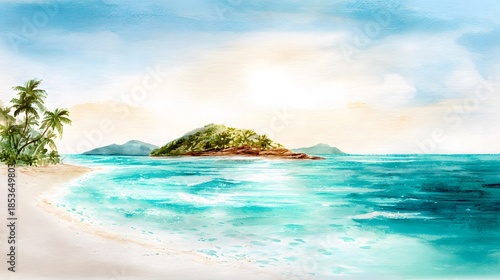Serene tropical island watercolor illustration captures gentle waves white sand soft sunlight