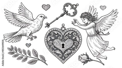 Vintage romantic angel unlocking heart with dove and flowers nearby