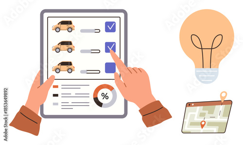 Hand selecting a car on a checklist, accompanied by location map and light bulb. Ideal for decision-making, innovation, technology, navigation, business, strategy and transportation. Simple flat