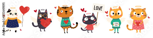 A set of cute vector illustrations in a simple children's style. Cute angelic cupid cats in cute clothes with bows and arrows and signs in their paws. Vector illustration
