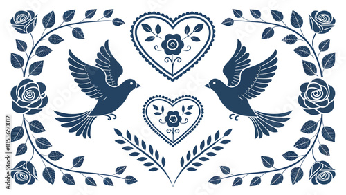 Romantic heart design with birds and roses on white background