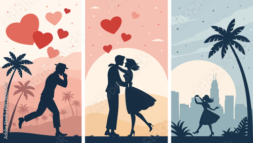 Romantic silhouettes of couples in love on vacation and in the city