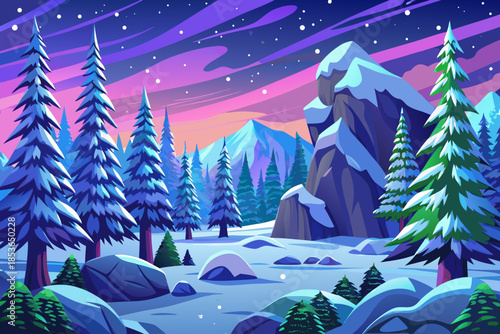 mixed forest of evergreen and deciduous trees stands beneath falling snow, creating a layered winter landscape rich in texture and seasonal contrast