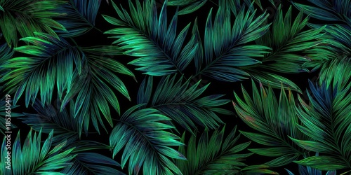 Lush, digitally rendered tropical leaves in shades of green on a solid black background