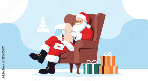 Santa Claus sitting comfortably in a large armchair and carefully reading his long naughty or nice list by the gifts.