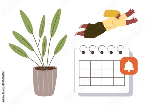 Woman leaping excitedly, green potted plant, spiral calendar marked with notification alert. Ideal for time management, planning, productivity, balance, organization, creativity and deadlines