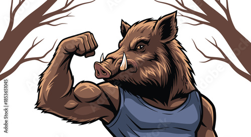 Muscular wild boar character wearing a tank top and flexing its bicep with an intimidating and strong expression.