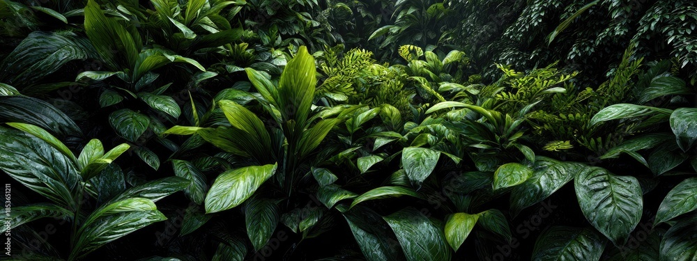 Fototapeta premium Lush, dark-green foliage and leaves densely populate frame, creating a verdant and rich texture