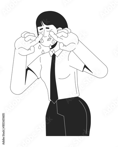 Crying korean office worker intern wiping tears 2D line character. Workplace burnout. Female employee newbie emotional distress isolated vector ink outline person. Monochromatic spot illustration