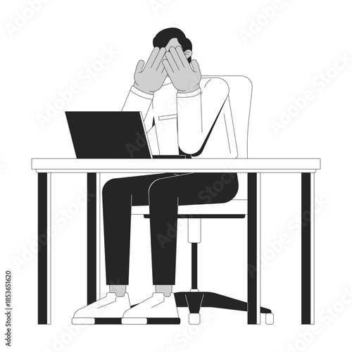 Frustrated office worker covering face at desk 2D line character. Workplace anxiety. Work burnout. Tired indian male employee isolated vector ink outline person. Monochromatic spot illustration