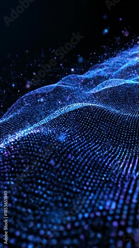 Abstract Blue Digital Waves of Glowing Particles Flowing in Darkness with Soft Bokeh Effects