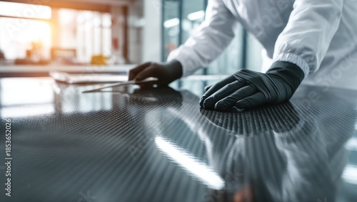 Gloved hands examine a textured surface in a modern, bright laboratory setting
