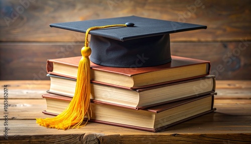 Graduation cap with gold tassel resting on stack of books on wooden table, academic success concept, warm lighting, shallow depth of field, classic education still life