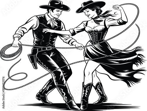 Vintage western cowboy and cowgirl vector illustration, dancing with lassos in retro woodcut style drawing