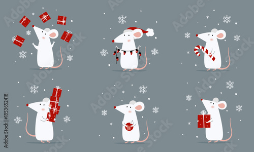 A set of vector illustrations for Christmas cards. Cute white mouse with New Year's gifts and sweets in Santa Claus' hat. Vector illustration
