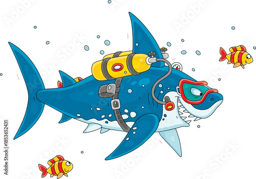Funny great white shark scuba diver swimming with small striped fishes in waters of a tropical sea, vector cartoon illustration on a white background
