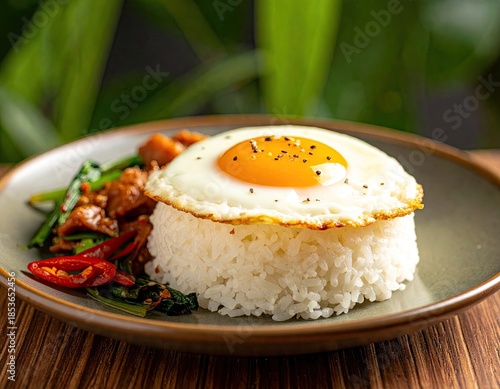 Asian cuisine with fried egg, rice, meat, and greens
