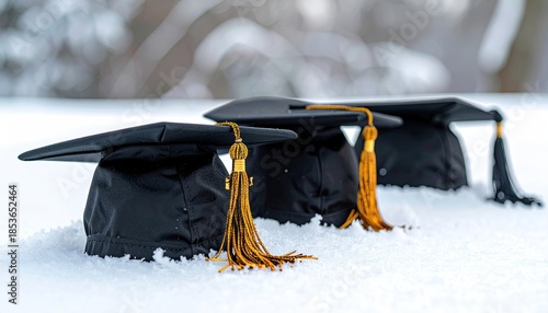 Graduation caps in snow, signifying achievement